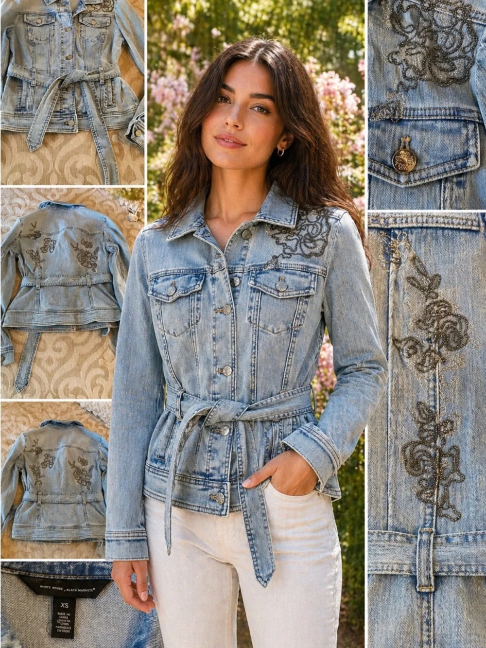 White House Black Market Embroidered Denim Jacket XS Belted Floral Detail - Picture 2 of 13